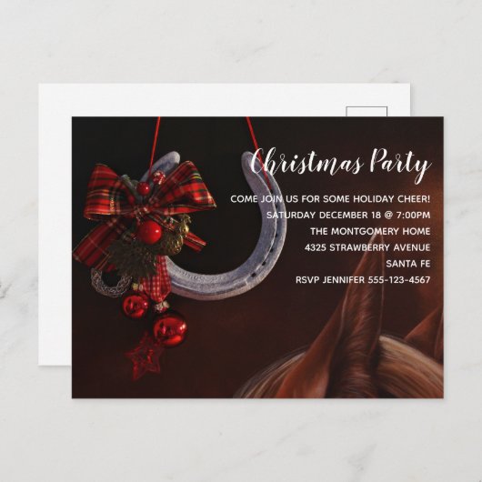 Paardenfeest met kersthangen Hoefijzer Uitnodiging Briefkaart (Voorkant / Achterkant)