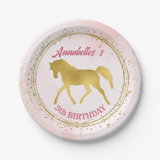Paardenfeest met roze en gouden cowgirl papieren bordje (Voorkant)