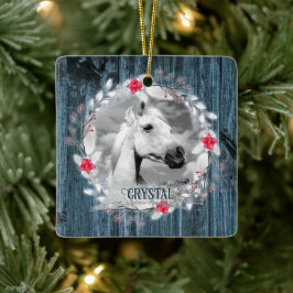 Paardenfoto blauw hout lijst zilver keramisch ornament