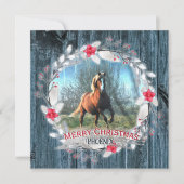 Paardenfoto blauw houten lijst zilver feestdagenkaart (Voorkant)