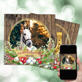 Paardenfoto hout lijst gouden Kerst Feestdagenkaart