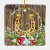 Paardenfoto hout lijst gouden Kerst Keramisch Ornament (Achterkant)