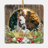 Paardenfoto hout lijst gouden Kerst Keramisch Ornament (Voorkant)