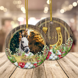 Paardenfoto hout lijst gouden Kerst Keramisch Ornament