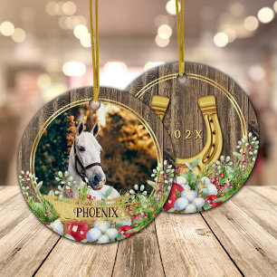 Paardenfoto hout lijst gouden Kerst Keramisch Ornament