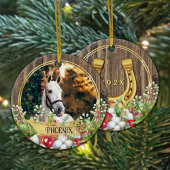 Paardenfoto hout lijst gouden Kerst Keramisch Ornament