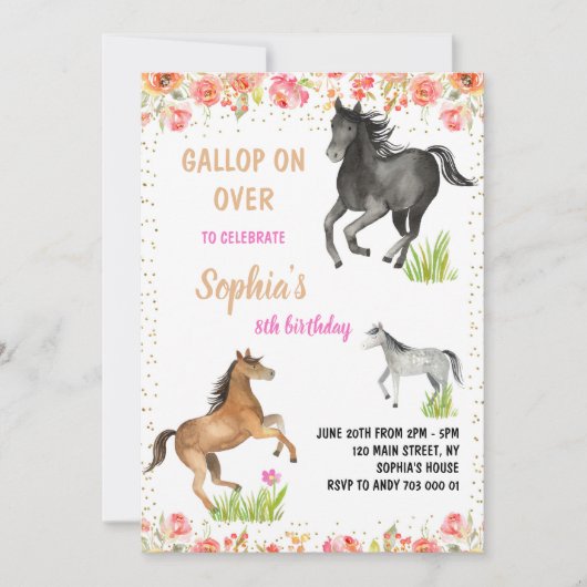 Paardengalop over verjaardagsfeestje voor meisjes kaart (Voorkant)