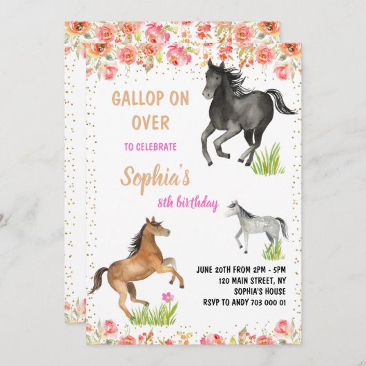 Paardengalop over verjaardagsfeestje voor meisjes kaart (Voorkant / Achterkant)