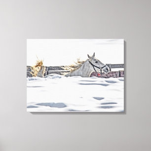 Paardengaloping in sneeuw canvas afdruk