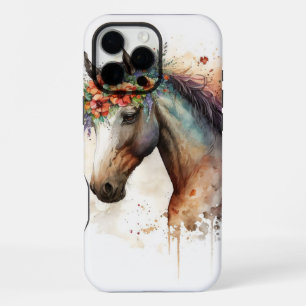 Paardengezicht met bloemenkrans iPhone 16 pro max hoesje