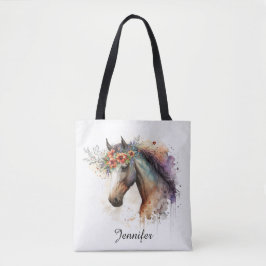 Paardengezicht met bloemenkrans tote bag