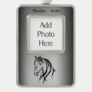 Paardenhoofd op zilveren foto naam en jaar verzilverd omlijst ornament