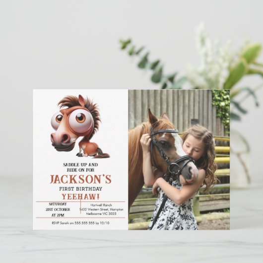 Paardenkarikaturen 1e Verjaardag Party foto Kaart (Staand voorkant)