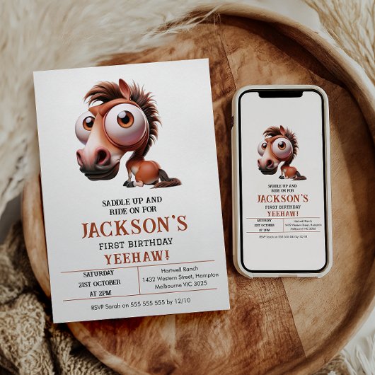 Paardenkarikaturen 1e verjaardagsfeest kaart