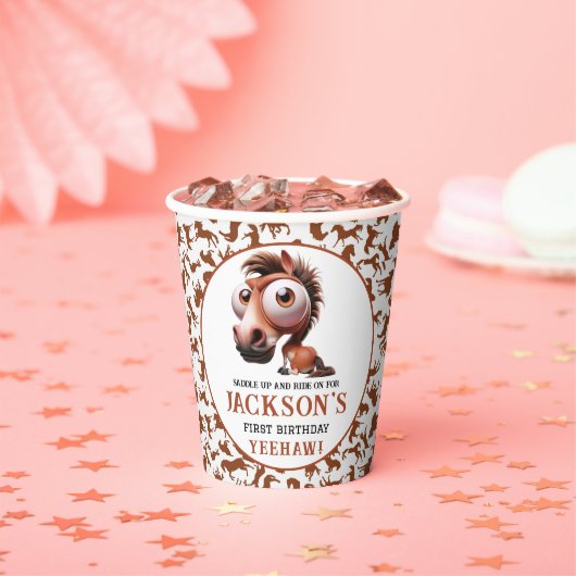 Paardenkarikaturen 1e verjaardagsfeest papieren bekers (Insitu)