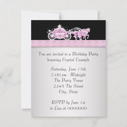 Paardenkoets Roze Zwarte Prinses Verjaardagsfeest Kaart (Achterkant)