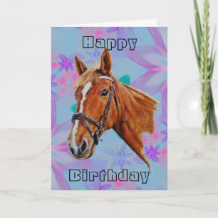 Paardenkop op bloemen Happy Birthday. Kaart