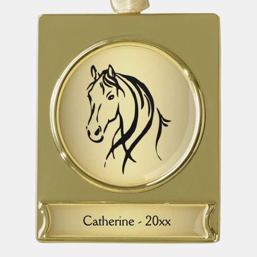 Paardenkop op Gold Name en Year Verguld Banner Ornament (Voorkant)