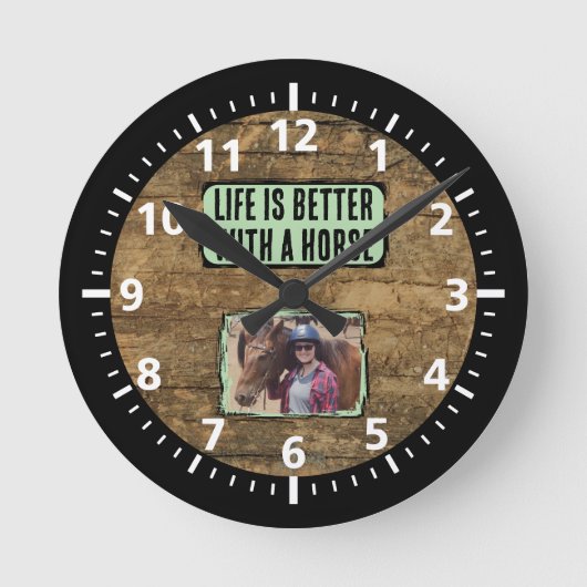 Paardenliefhebber 1 foto zwart groen rustiek ronde klok (Voorkant)