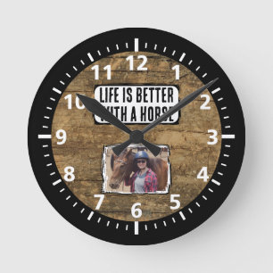 Paardenliefhebber 1 foto zwart wit rustiek ronde klok