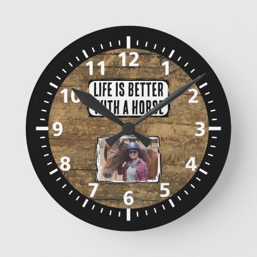 Paardenliefhebber 1 foto zwart wit rustiek ronde klok (Voorkant)