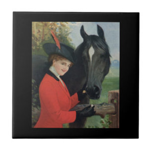  paardenmeisje met rode naaldjas tegeltje