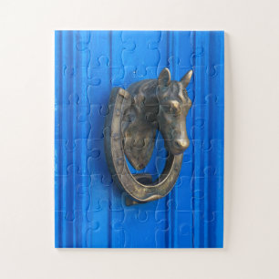 Paardenmessing op Blauw   Vintage Deurklopper Kuns Legpuzzel