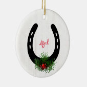 PaardenNAAM FOTO Hoefijzer Kerstmis Keepomwille Ce Keramisch Ornament (Rechts)