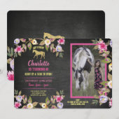 Paardenpartij Floral Chalk Pony roze uitnodiging (Voorkant / Achterkant)