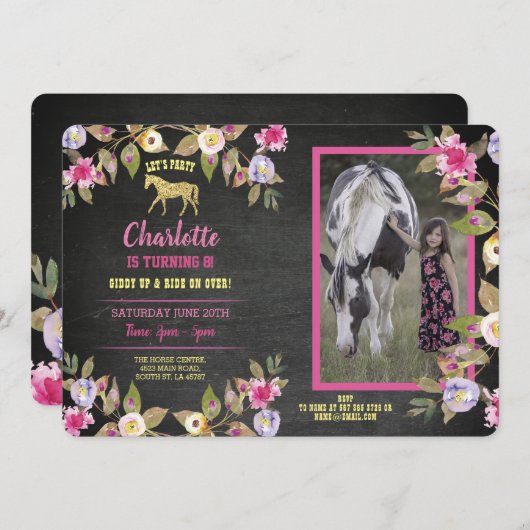 Paardenpartij Floral Chalk Pony roze uitnodiging (Voorkant / Achterkant)