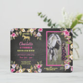 Paardenpartij Floral Chalk Pony roze uitnodiging (Staand voorkant)