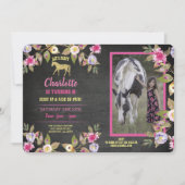 Paardenpartij Floral Chalk Pony roze uitnodiging (Voorkant)
