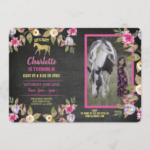 Paardenpartij Floral Chalk Pony roze uitnodiging