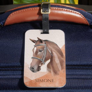 Paardenportret bruine gepersonaliseerde naam ruite bagagelabel