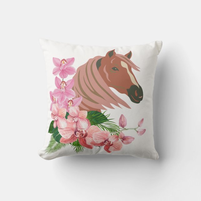 Paardenportret met orchideeënbloemen kussen (Voorkant)