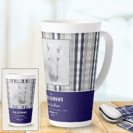 Paardenportret Navy Blue Geruit Aangepaste Naam Gr Latte Mok