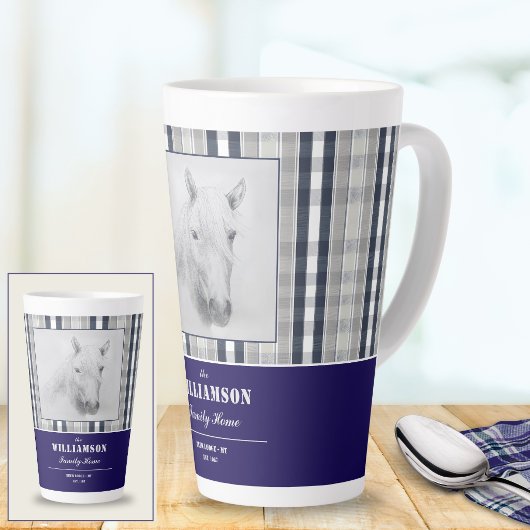 Paardenportret Navy Blue Geruit Aangepaste Naam Gr Latte Mok