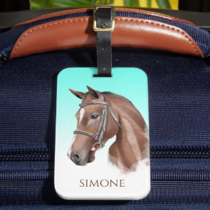 Paardenportret turquoise equestrian cowgirl op maa bagagelabel