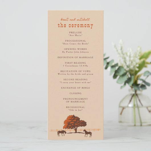 Paardenrail hek eiken paarden bruiloft programmakaart (Staand voorkant)