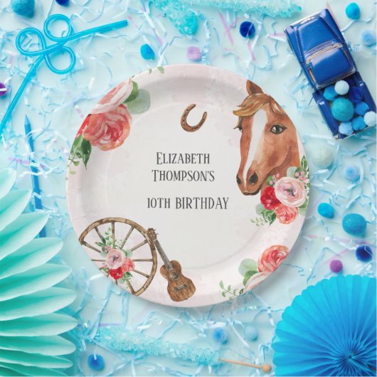Paardenroze Floral Birthday Papieren Bordje (Feest)