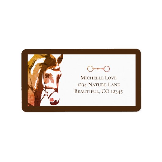 Paardenschets en slingerbit in bruin adres etiket (Voorkant)