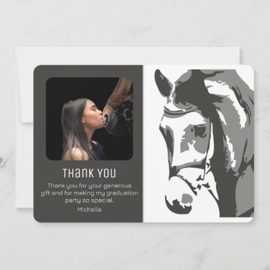 Paardenschets Modern Gray White Afstuderen FOTO Bedankkaart (Voorkant)