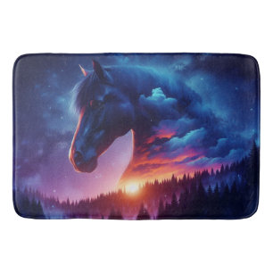 Paardensilhouet in een zonsondergang boslandschap badmat