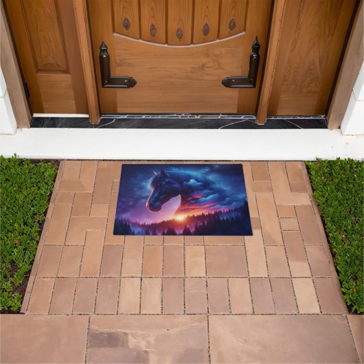 Paardensilhouet in een zonsondergang boslandschap deurmat (Buiten)