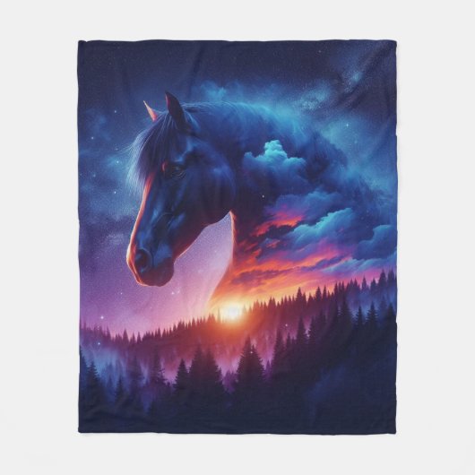 Paardensilhouet in een zonsondergang boslandschap fleece deken (Voorkant)