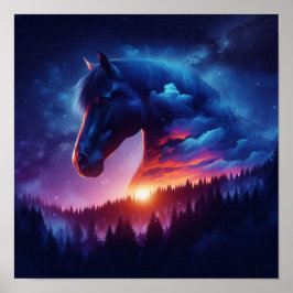 Paardensilhouet in een zonsondergang boslandschap poster