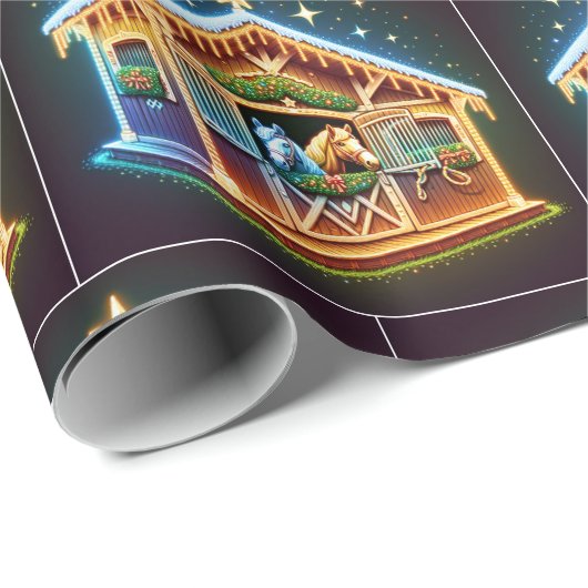 Paardenstal ingericht voor Kerstmis en paarden Cadeaupapier (Rol Hoek)