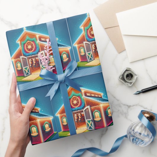 Paardenstal ingericht voor Kerstmis en paarden Cadeaupapier (Geschenken)