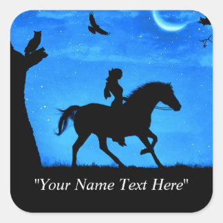 PaardenSticker met Girl Riding and Owl Whimsical Vierkante Sticker