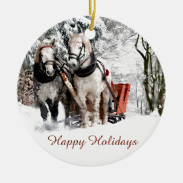 Paardenteam Sleigh Ride door sneeuwige Bossen Keramisch Ornament